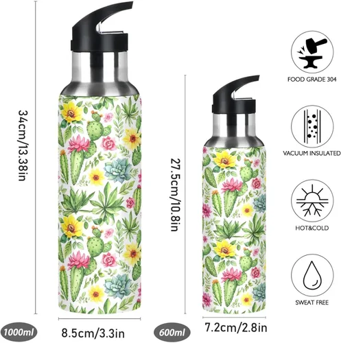 Vista 2 de BPA-Free Sports Water Bottle with Straw 32 Oz, Stainless Steel Vacuum Insulated Water Bottle for Gym Outdoor Travel School, Colorful Watercolor