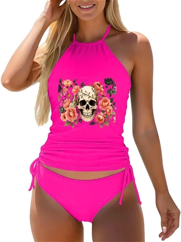 Vista 42 de Omichic Conjuntos de tankini modestos para mujer, trajes de baño atléticos de 2 piezas, camiseta sin mangas fluida con parte inferior de bikini