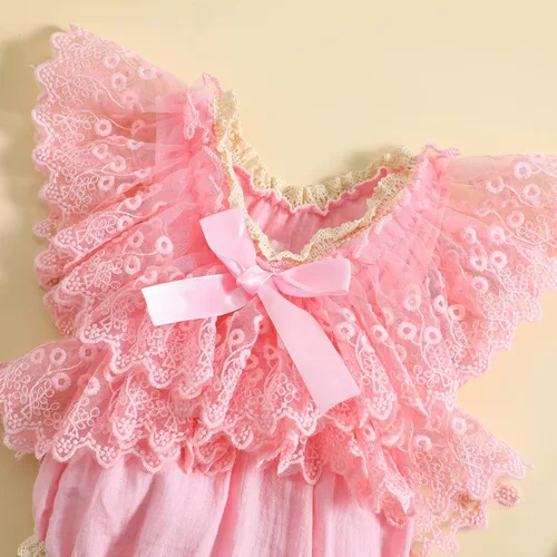Vista 5 de Mameluco de burbujas para bebé niña con encaje y tutú con mangas con volantes, traje de verano