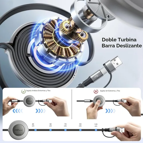Vista 7 de Cable de Carga Retráctil 4 en 1 de 4A, Paquete de 2 Cargadores Múltiples de 4 Pies para Todos los Dispositivos, Cable de Carga USBC con A/C a Tipo