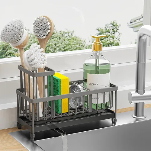 Vista 11 de Cisily Soporte de esponja negro extra grande para fregadero de cocina, organizador de fregadero con soporte alto para cepillos, organizadores