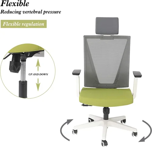 Vista 5 de Silla de oficina ergonómica giratoria con soporte lumbar, reposacabezas y apoyacabezas con respaldo alto, silla de computadora de malla ajustable