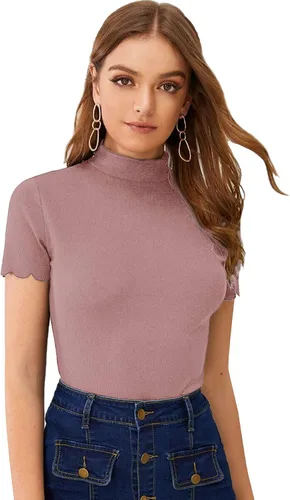Vista 18 de SweatyRocks - Camiseta de manga corta con cuello alto, canalé y bordes envoltorio para mujer Beige
