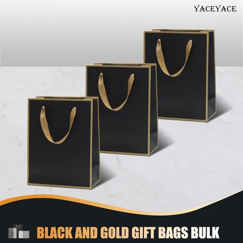 Vista 6 de Bolsas de regalo negras y doradas con asas, 20 unidades de 8 x 4.25 x 10.5 pulgadas Negro dorado