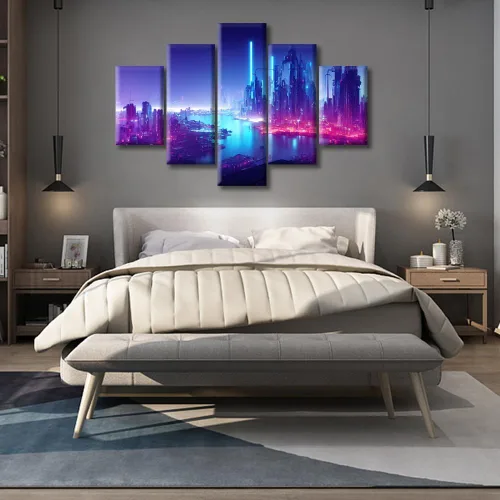 Vista 110 de Cuadros de 5 paneles de Cyberpunk City, arte de pared, representación de vallas publicitarias, edificios modernos en la capital con obras de arte