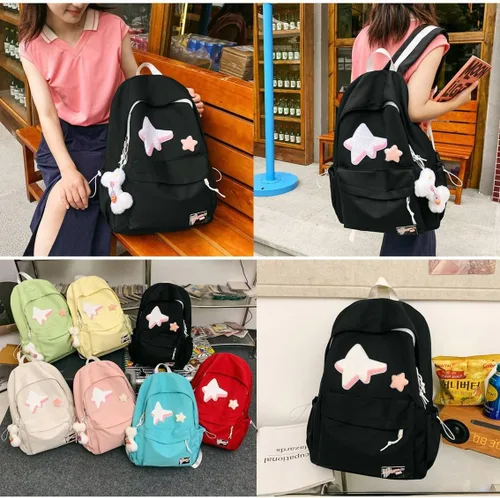 Vista 4 de Mochila Kawaii con parche de estrella y lindo accesorio, espaciosa y múltiples compartimentos (negro)