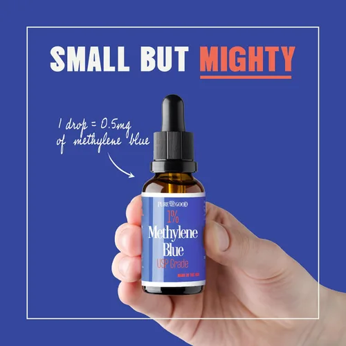 Vista 5 de PureGood Azul de metileno 1% Líquido – 10 mg por 1 mL Porción – 1.0 fl oz (1 fl oz) – Aproximadamente 30 porciones – Probado por terceros – Botella
