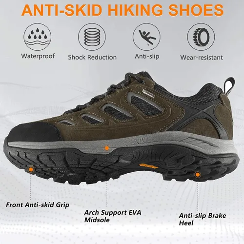 Vista 3 de wantdo Zapatos de senderismo impermeables de corte bajo para hombre, anchos, transpirables, antideslizantes, para senderismo, ciclismo de montaña