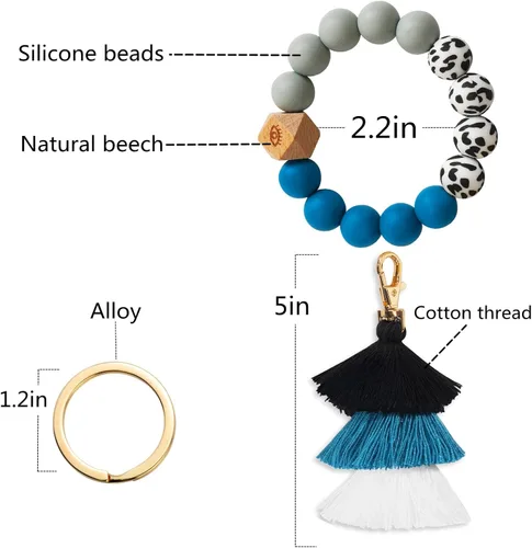 Vista 2 de Bisanzoya Beaded Keychain with Tassel, Silicone Key Ring Bracelet, Cute Boho Car Key Chain Wristlet for Women