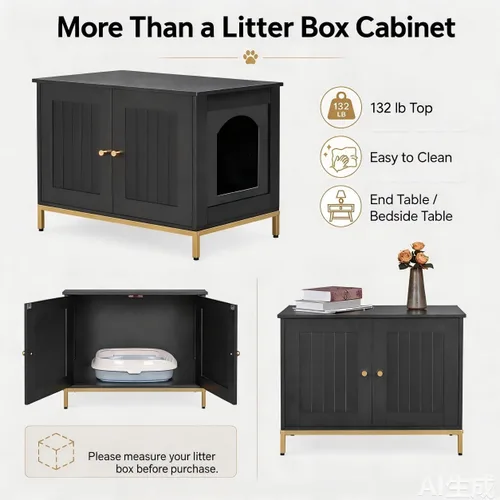 Vista 9 de Homhedy Gabinete para Caja de Arena para Gatos, Muebles de Baño para Gatos con Marco de Metal, Casa para Mascotas, Se Adapta a la Mayoría de Cajas