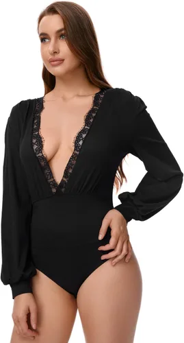 Vista 3 de WDIRARA Body de encaje de pestañas para mujer, cuello en V profundo, manga farol, sólido y elegante