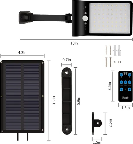 Vista 5 de Luces solares para exteriores con control remoto, 56 LED de ángulo ajustable de 180°, luz nocturna de seguridad, sensor de movimiento exterior