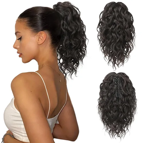 Vista 16 de Flufymooz Extensión de cola de caballo, extensión de cola de caballo corta de 12 pulgadas con pinza de garra, cabello ondulado rizado, clip