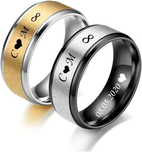 Vista 12 de Anillos a juego personalizados para parejas, anillos de promesa de acero inoxidable para parejas, juego con 2 anillos grabados dentro y fuera