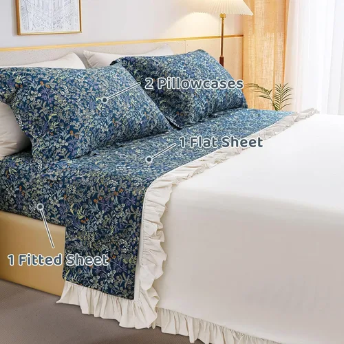 Vista 6 de QSH 100% Sábanas de algodón para cama tamaño Queen - Estampado floral azul de plantas patrón botánico lujoso de algodón estampado floral ropa
