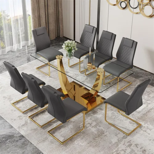 Vista 14 de Juego de mesa de comedor de cristal de 63 pulgadas para 4, mesa de comedor para 4, mesa de comedor con patas y base de acero inoxidable, sillas