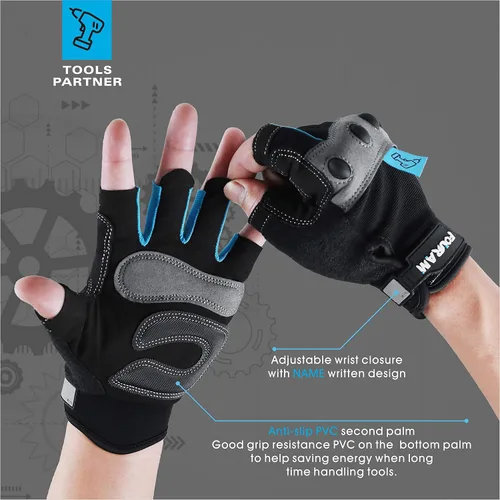 Vista 4 de FOUR-AM Guantes de trabajo para hombre, guantes mecánicos sin dedos, antichoque, anticolisión para hombres y mujeres
