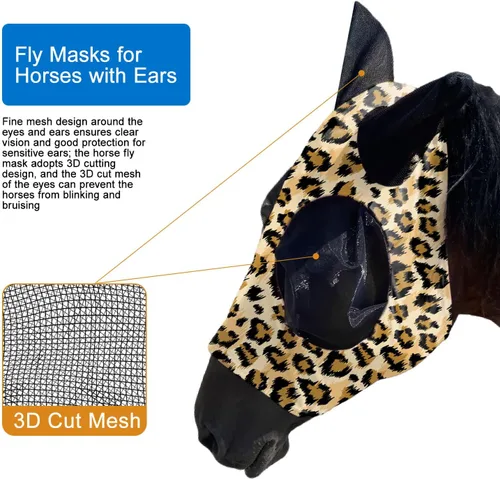 Vista 3 de Máscara de mosca de caballo UV mejorada con orejas – Protector solar equino Lycra Quiet Ride Elasticity Fly Mask con protección para los oídos