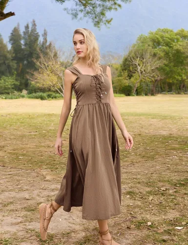 Vista 8 de Scarlet Darkness Vestido midi de verano renacentista para mujer, sin mangas, con cordones