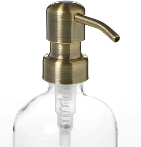 Vista 2 de despachador de jabón de vidrio transparente con bomba de bronce. Botella de 16 oz de vidrio transparente.