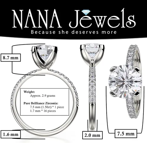 Vista 2 de NANA Jewels - Anillo de compromiso de plata de ley con diamantes de imitación, solitario redondo de 1,00 a 4,00 quilates