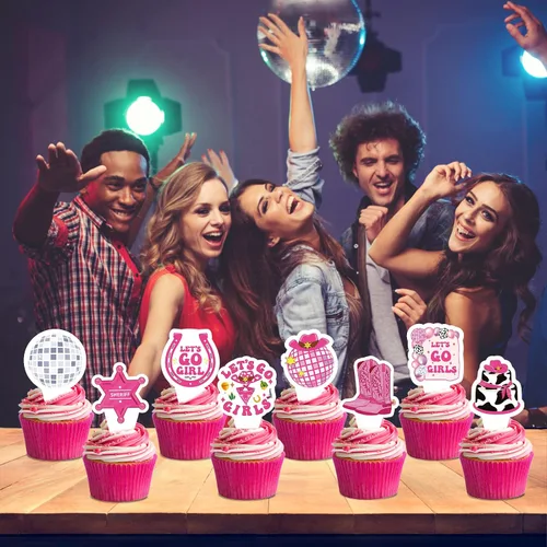 Vista 5 de Decoración para tartas de cumpleaños de vaquera disco – NOVBAUB 48 piezas de decoración de fiesta de cumpleaños de vaquera rosa intenso, suministros