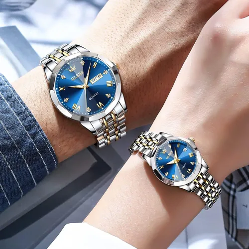Vista 52 de OLEVS Juego de 2 relojes de cuarzo para parejas de San Valentín, calendario luminoso, ventana de fecha, 3 ATM, impermeable, casual, acero