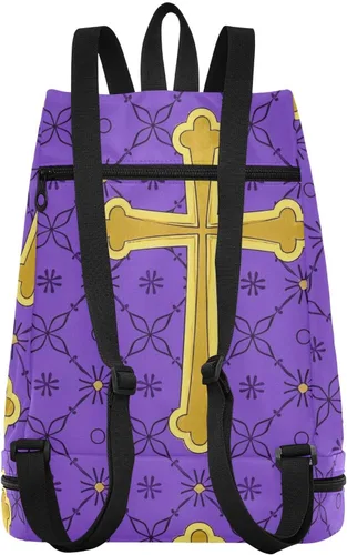 Vista 2 de Vintage Gold Cross Purple Floral Drawstring athletic bag hiking Swimming womens gym bag with Wet Dry Compartments bolso para laptop mujer