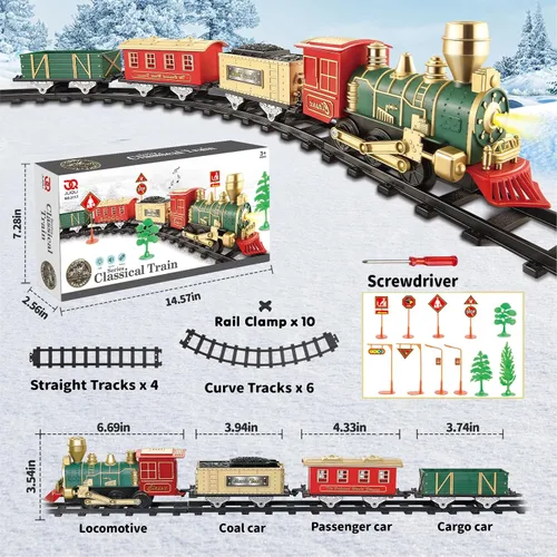 Vista 5 de JQ JUQU Juego de tren eléctrico para niños de 3 a 8 años, tren de juguete a pilas con luces y sonidos, 3 autos y 10 pistas para Navidad y juego