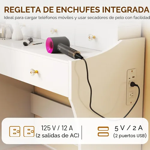Vista 5 de COMHOMA Escritorio de maquillaje con espejo y luces, juego de mesa de tocador y silla con 5 cajones y estación de carga, tocador de dormitorio