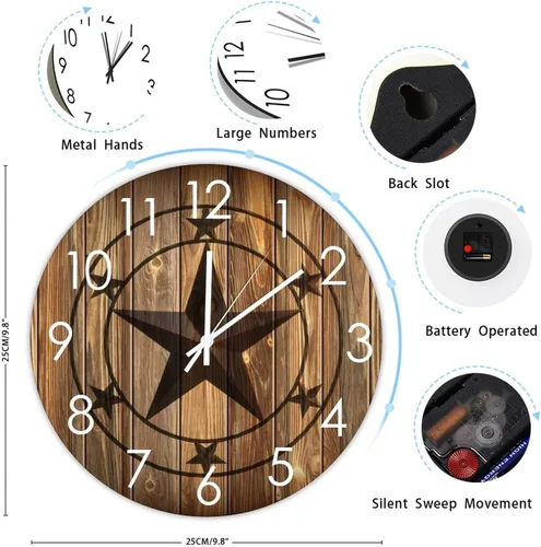 Vista 2 de Reloj de pared redondo de madera con estrella de Texas occidental, silencioso a pilas, funciona con pilas, decoración del hogar para sala de estar