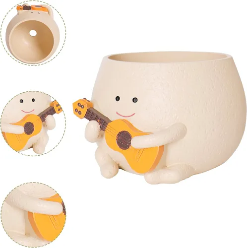 Vista 3 de Maceta con Cara Sonriente con Agujero de Drenaje Lindas Macetas de Cabeza de Resina para Planta de Cuerda de Perlas, Maceta Única de Guitarra