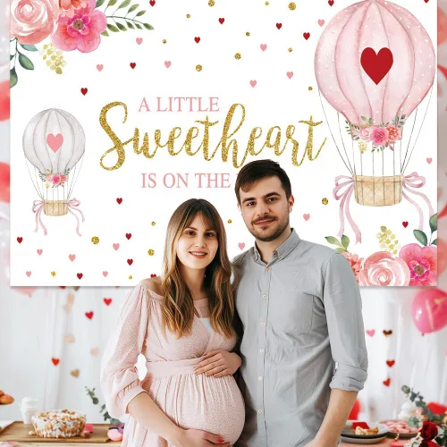 Vista 6 de MEHOFOND Decoraciones de fiesta de baby shower, telón de fondo para arriba y lejos, globo aerostático, rosa, rojo, floral, corazones dorados, San