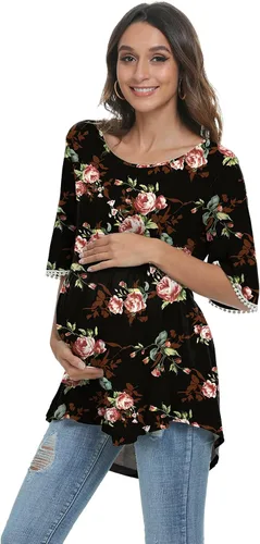 Vista 2 de Xpenyo Camisetas de maternidad con mangas acampanadas de encaje, camisetas tipo túnica de embarazo