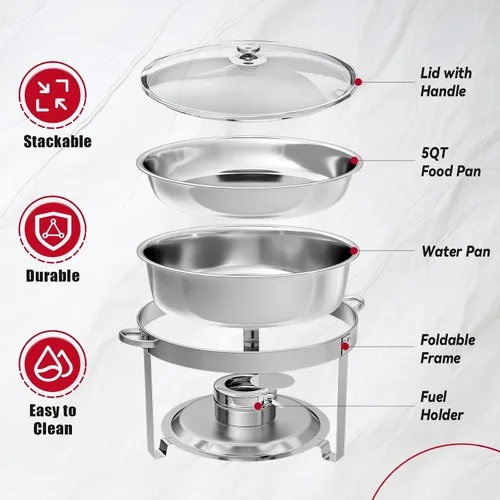 Vista 4 de IMACONE Juego de Bandejas Calentadoras de Buffet 4 Piezas, 5QT Redondas de Acero Inoxidable con Tapa de Vidrio para Catering, Conjuntos