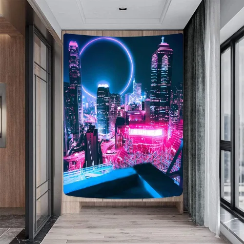 Vista 4 de Aidatain Tapiz de juego punk grande de 60 x 80 pulgadas, tecnología futurista, paisaje urbano, rascacielos, estético, tapices de franela para colgar