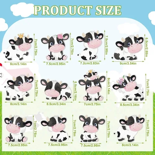 Vista 3 de Thinkday Kit de 12 llaveros de pintura de diamante de vaca de granja, para bricolaje, lindos llaveros de arte de diamantes de vaca para adultos