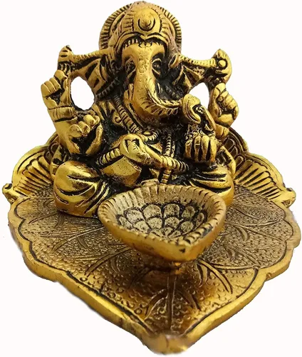 Vista 2 de Lord Ganesha en hoja con diya hecha de metal - Lámpara de aceite Ganesh Ganpati, estatua de ídolo, figura tradicional para el hogar, oficina