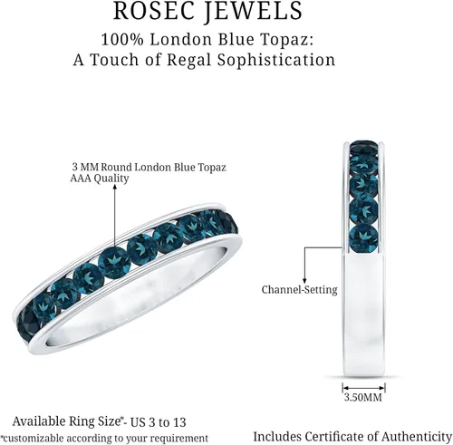 Vista 13 de Anillo de media eternidad con topacio azul londinense certificado para mujer, calidad AAA, anillo de piedra natal de diciembre, listo para regalar