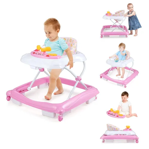 Vista 12 de BABY JOY Andador de bebé, caminador de actividad plegable 4 en 1 con altura ajustable, música, luces, caminador de empuje antivuelco para niños