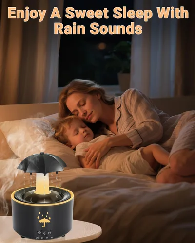 Vista 2 de Humidificador estético 2 en 1 difusor de aceite con gota de lluvia giratoria y 7 luces LED de estado de ánimo, humidificador de niebla fría