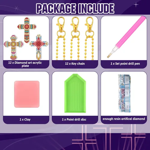 Vista 4 de Inbagi 15 piezas de llaveros de pintura de diamante con cruz de Pascua, 5D, bricolaje, cruz de diamante, llaveros colgantes para regalos de fiesta