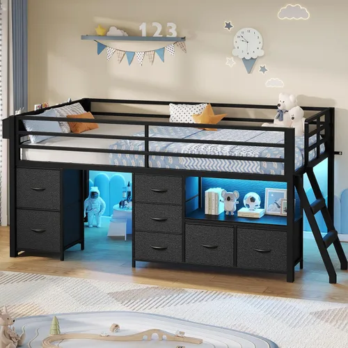 Vista 9 de ADORNEVE Cama baja tipo loft tamaño individual con 7 cajones de almacenamiento, estantería y luces LED, cama alta de metal para niños con barandilla