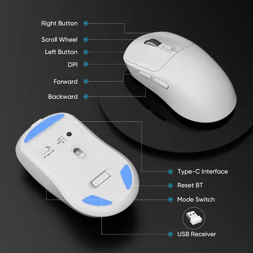 Vista 6 de MELOGAGA Ratón inalámbrico para juegos de 3 modos, 2.4GBluetooth 5.4USB-C con 8 DPI ajustables, mouse ergonómico recargable para computadora, Mac