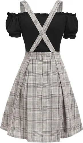 Vista 2 de DRESSFO Conjunto de falda de 2 piezas para mujer, falda de tirantes de cintura alta, falda acampanada con tirantes y parte superior con hombros