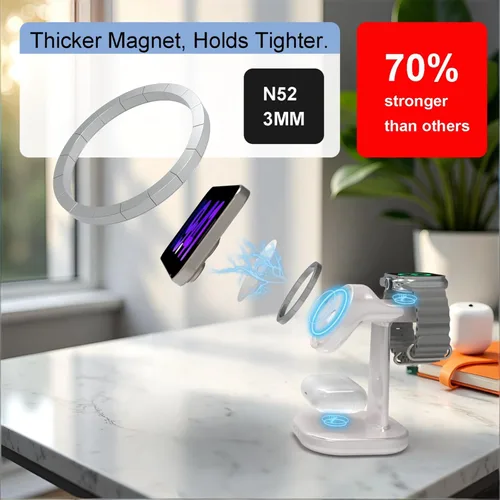 Vista 4 de Estación de carga inalámbrica 3 en 1 para soporte de cargador Magsafe, cargador magnético de teléfono para iPhone, Apple Watch, para Airpods