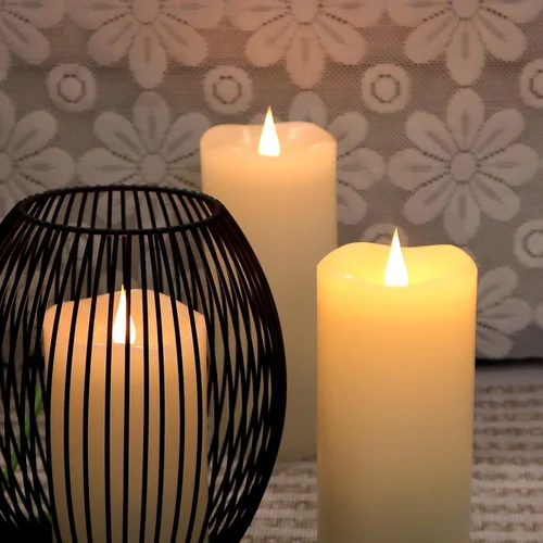 Vista 5 de Velas sin llama a pilas con temporizador de control remoto, velas LED parpadeantes con llama móvil 3D, cera real, 3 x 5 pulgadas, marfil realista