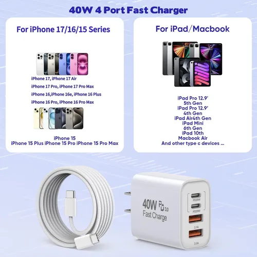 Vista 4 de 2 unidades de cable trenzado iPhone 17/16/15 Pro Max USB C a C, cargador Apple tipo C de 40 W PD de 4 puertos con enchufe de pared y cable trenzado