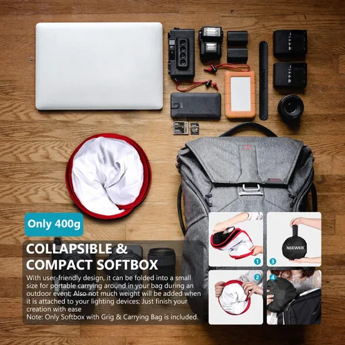 Vista 8 de Neewer Caja de luz Softbox plegable con clip de correa, rejilla y bolsa de transporte Compatible con paneles de luz LED Neewer 480/660/530, apertura