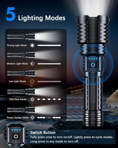 Vista 3 de Linternas LED recargables superbrillantes de 2500,000 lúmenes altos, linternas de alto lúmenes de hasta 25 horas de larga vida Zoomable 5 modos